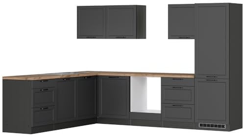 Lomadox Winkelküche Küche Einbauküche Küchenzeile L-Form 300/240 cm in grau, Arbeitsplatte in Eiche