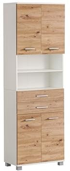 Schildmeyer Palermo Hochschrank 701946, Mattweiß/Artisan Eiche Dekor, 59,8 x 23,6 x 180,9 cm