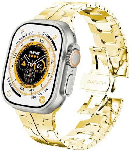 DEALELE Strap Compatible with Apple Watch 41mm 40mm 38mm, Thin Iron Man Stainless Steel Metal Replacement Bands for iWatch Series 9/8 / 7/6 / 5/4 / 3 / SE Women Men, Gold