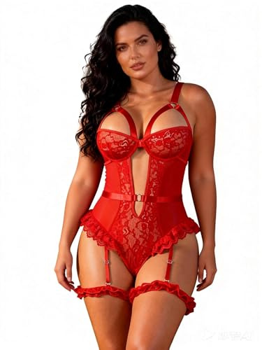 ohyeahlady Body Reggicalze Sexy Donna Hot Pizzo Curvy Taglie Forti | Babydoll Pizzo Aperto,Senza Maniche,Completo Intimo,Con Giarrettiere,Bodysuit,Intimo Curvy,Rave Outfit,Festival,Lingerie Hard