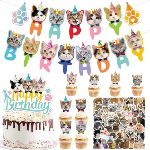 ZGCXRTO Katze Geburtstag Dekoration,11 Stück Niedliches Kätzchen Kuchendekoration Cartoon Cat Tortendeko Tiere 100 Niedliche Katze Aufkleber Wasserfeste Vinyl Aufkleber Für Geburtstagsparty