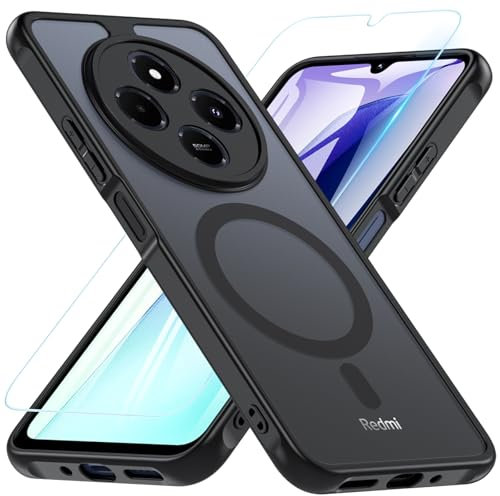 OWKEY Magnética Funda para Xiaomi Redmi 14C/ Poco C75, Carcasa con Cristal Templado, Antigolpes Protección de Cámara Esmerilado Translúcido para Xiaomi Redmi 14C/ Poco C75 (Negro)
