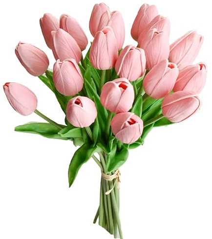 Mandy's Tulipani artificiali, 20 steli, rosa polvere, poliuretano, fiori finti per matrimonio, decorazione della casa, 34,9 cm