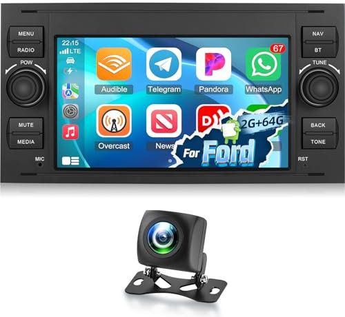 NHOPEEW 2+64G Autoradio para Ford Transit Fiesta Focus Galaxy Mondeo Fusion para Kuga C-MAX S-MAX Connect con Carplay&Android Auto - 7 Pulgadas Radio Soporte WiFi GPS SWC + Backup Camera&Mic