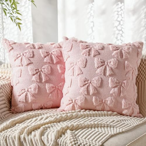 FUFRE 2 Stück Schleife Kissenbezug 45x45 cm, Kissenbezüge Schleifen 45x45 Deko Wohnzimmer Modern Kissenhülle Zimmer Deko Aesthetic Zierkissenbezüge Muttertag Dekokissen Geschenk für Mama (Rosa)
