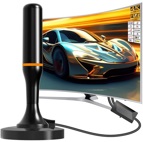 Antenne TV intérieur puissante,Antenne portative TV Intérieur Puissante TNT HD, avec Base magnétique,Compatible avec Portable Soutien 4K 1080P
