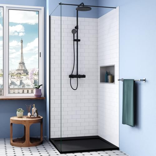 Ceramia Piatto Doccia in Pietra Sintetica | Antiscivolo, Effetto Pietra | Installazione da Appoggio o a Filo Pavimento | Nero 90x90 cm