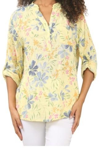 Ladies Italian Ditsy Floral Print Grandad Shirt Womens Lagenlook Tunic Top Cotton Blouse Long Sleeves Button Front Pocket One Size UK Fit (8-16) (UK, Alpha, One Size, Regular, Regular, Lemon Yellow)