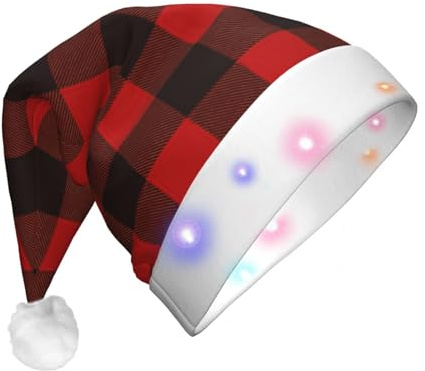Chapeau de Père Noël à carreaux rouge et noir avec lumières LED, chapeaux de Noël amusants pour adultes pour les fêtes de Nouvel An