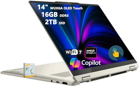 Lenovo Yoga 7 Ordinateur portable 2 en 1 Copilot+ AI PC | WUXGA OLED Touch (100 % DCI-P3) | AMD Ryzen AI 7 350 (jusqu'à 50 Tops) | 16 Go DDR5 2 To SSD | pour Creator Business Professional Win11 avec