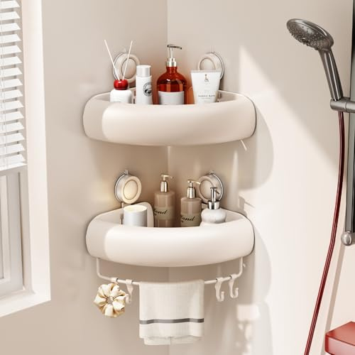 Voldra Corner Shower Caddy Suction Cup, Arc Shower Shelf Coner No Drilling Bathroom Coner Shelves Suction Shower Organiser Rack Adhesive Corner Caddy with Towel Bar Wall Mounted(2-Pack, White)