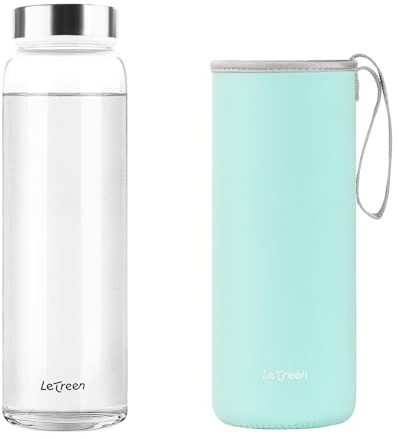 LETREEN Glass Water Bottle 1 Litre, Water Bottle 1L with Neoprene Sleeve | Wide Mouth BPA-Free Leak Proof Reusable 1000ML Drinking Bottles for Hot Cold Drinks, Work, Gym, Home, 1 Pack