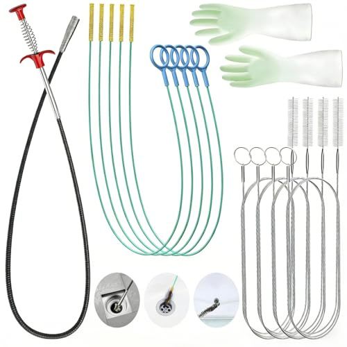 11 Pcs Drain Snake Cleaning Kit, 35-Inch Anti-Break Hair Clog Remover with Hook Tip, Flexible Grabber Tool, Reusable Pipe Unclogger Cleaner Cleaning Brush for Kitchen Sink, Shower, Bathtub & Toilet