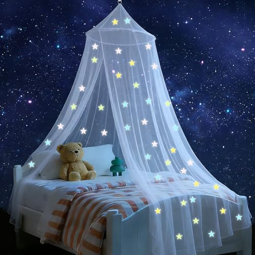 Ciel de Lit, 60 x 250 x 1100 cm Moustiquaire Lit avec 100 Étoiles Fluorescentes Crochets Adhésifs et Vis pour Lits Double Ou Simple, Lits Baldaquin pour Voyage
