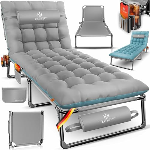 KESSER® Campingbett Feldbett klappbar 190x68x30cm bis 250kg belastbar aus Oxford-Gewebe & stabilem Stahlgerüst, Sonnenliege für Camping inkl. Tragetasche, Nackenkissen, Seitentasche & Getränkehalter