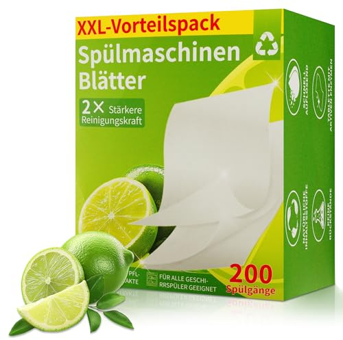 Spülmaschinen Blätter, 200 Stück Spülmaschinenblätter Biologisch Abbaubar Plastikfrei, Spülmaschinentabs Ersatz Tabs für Geschirrspüler Kraftvolle Reinigung Spühlmachaschinen Tabs, Zitronenduft