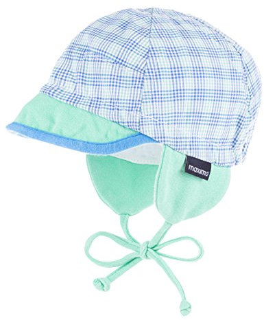maximo Babymütze mit Schirm und Ohrenklappen Karo grün-blau,Gr. 41; Sommer-Jungen-Kindermütze zum Binden