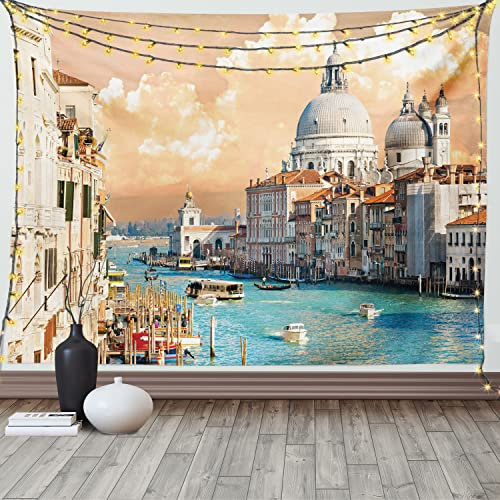 ABAKUHAUS europäisch Wandteppich, Historische Venedig City aus Weiches Mikrofaser Stoff Waschbar ohne Verblassen Digitaldruck, 150 x 110 cm, Beige Türkis