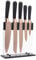 5pc Kitchen Knife Set & Block - Taylors Eye Witness. Rose Gold Coloured Bolsters, Finely Ground Razor Sharp Titanium Coated Matching Blades. Soft Grip Rounded Handles. Modern Upright Holder