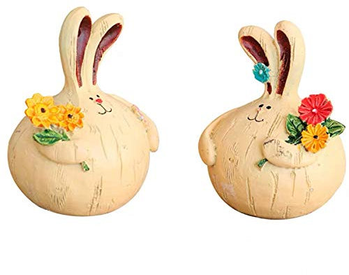 Super Idee 2 Osterhasen mit Blumen in Vintage Optik Hasen Figuren 14 x 9,5 cm aus Naturharz zum Hinstellen als Osterdeko Frühlingsdeko Give-Away Geburtstage Gastgeschenk kleines Geschenk