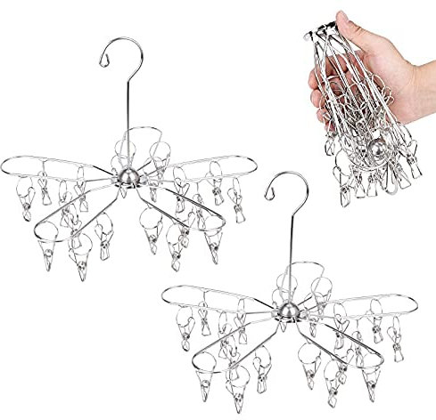 Estoder 2 Pack Foldable Clip and Drip Hangers, Stainless Steel Clothes Drying Hanger with 20 Clips, Laundry Hanging Drying Rack for Socks, Underwear, Lingerie, Bras, Scarf, Towels, Diapers