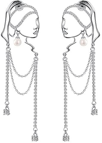Einzigartiges abstraktes Gesicht Art baumelnde Ohrringe für Frauen Mädchen Umriss Strass Tassel Dény Hollow aus Ohrringe Schmuck Mode baumelt lange Aussage leichte Ohrringe... (silber)