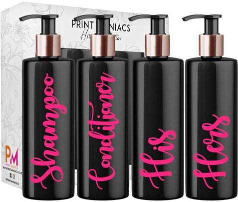 Print Maniacs Black Mrs Hinch Inspired Personalised 500ml Bottles Bathroom Lotion Kitchen Shampoo Conditioner Rose Gold Pump (Hand Wash Set) (Pink)