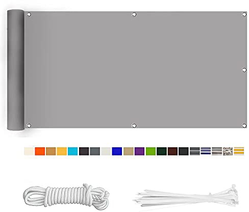 HERILIOS Balkon Sichtschutz, Balkonabdeckung 220 g/m² Innen Balkonverkleidung UV-Schutz (210Größen&21Farben) Ohne Bohren mit Ösen Kabelbinder und Kordel für Balkongeländer Terrasse,80X300CM hellgrau