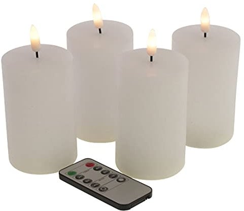 Fachhandel Plus LED Kerzen mit Timer – Stumpenkerzen aus Echtwachs mit 3D Flamme & Fernbedienung – LED Echtwachskerzen in verschiedenen Farben & Größen – Ø 6,5/7,5 cm (Weiß, 10 x 6,5 cm)