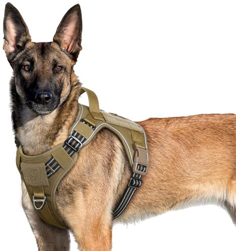 rabbitgoo Hundegeschirr Grosse Hunde, Anti Zug Geschirr Hund Verstellbar mit Griffe Verbreitert, Robust und Verschleißfest, Taktisches Hundegeschirr mit Metallschnallen zum Wandern(XL, Braun)
