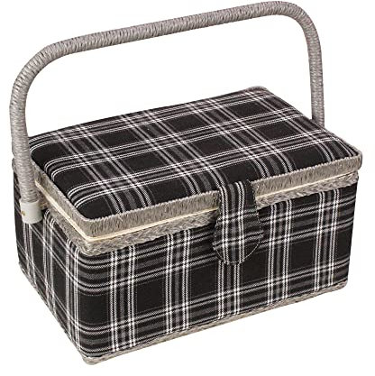 Adolfo Design Nähkorb mit Blumenmuster, Aufbewahrungsbox mit herausnehmbarem Tablett, integriertem Nadelkissen und Innentasche, Größe M, 27,9 x 17,8 x 14 cm, Schwarz kariert