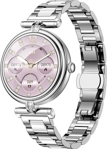Smartwatch Damen Telefonieren Silber Fitness Tracker IP68 Wasserdicht Edelstahl Smart Watch Pulsuhr Schrittzähler Uhr Blutdruck Herzfrequenzmesser Fitnessuhr für iOS Android Frauen Elegant Sportuhr