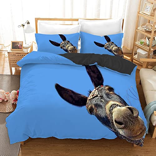 TBBDH Bettwäsche 135x200 Blauer Esel 3D Mikrofaser JugendbettwäSche Set, Atmungsaktive Hypoallergene Bettdecke mit Reißverschluss + 2 Kissenbezüge 80x80 cm