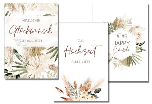 Fabelhafte Dinge Glückwunschkarten Hochzeit Grußkarten 3er Set Klappkarten mit Umschlägen Boho Naturpapier