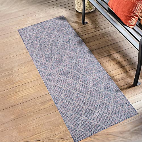 payé Outdoor Teppich Wetterfest Läufer - Blau-Pink - 80x150cm - Gitter Muster - Küche Badezimmer Balkon Garten Terrassenteppich Camping Wohnzimmer Teppiche