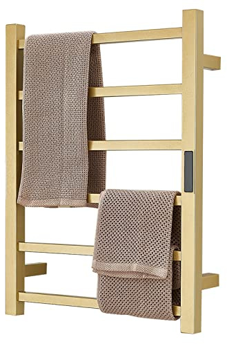 DUDYP Electric Heated Towel Warmer Rack Gold Bathroom Accessories, With Timer Wall Mounted Rail, 6 Bars Stainless Steel Drying Racks Home Radiator, Hardwired