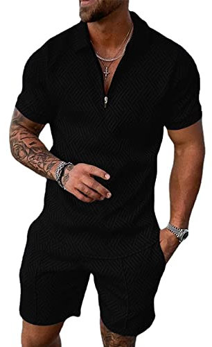 Hoefirm Herren-Trainingsanzug, Poloshirt und Hose, kurzärmelig, mit Reißverschluss, für Jogger, Fitnessstudio, lässig, Laufen, Sport, Sweat-Activewear, 2-teilig, Schwarz , XL