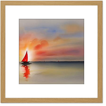 Wee Blue Coo Into The Sunset Watercolour Sailing Red Sail Boat On Calm Sea Square Wooden Framed Wall Art Print Picture 8X8 Inch