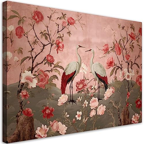 Feeby Bild Auf Leinwand Storch Vogel Blumen 60x40 cm 1 tlg Schlafzimmer Modern Vlies Leinwandbilder Bild auf Leinwand Kunstdruck Wand Wanddeko Design Wohnzimmer Büro Flur Hotel Spa Blumen Natur Rosa