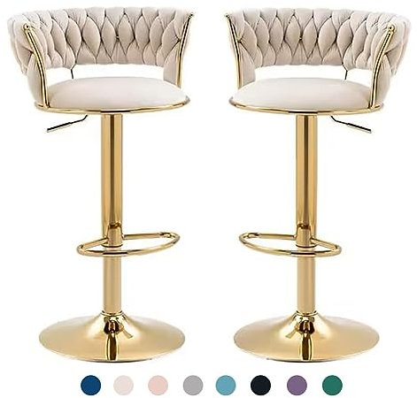 schenke Adjustable Bar Stools with Back Set of 2,Luxurious Gold Counter Height Barstool with Velvet Cushion Swivel Bar Stool for Kitchen Island(21.6-30in, Cream)