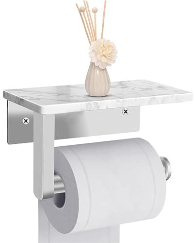 Biutimarden Porta Carta Igienica con Mensola in Marmo Bianco，Senza Foratura Acciaio Inox Porta Rotolo Carta Igienica da Parete,Modernità Portacartaigienica per Bagno Cucina(Spazzolato)