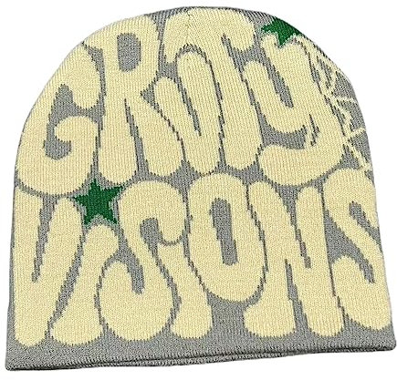 Rvnsu Y2K Beanies Brief Druck Strickmütze Mode Hip Hop Trend Beanie Winter Warme Wollmütze für Frauen Mann Pullover Hut, GRAU, Einheitsgr��e