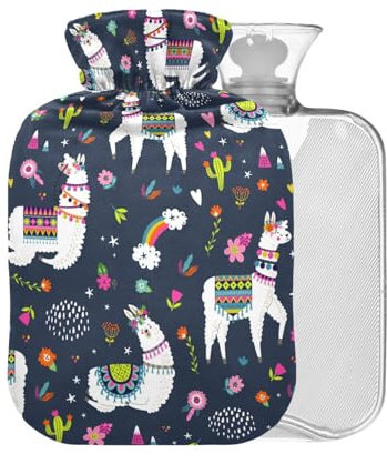 Wärmflasche mit Bezug, Lama, Kaktus, Regenbogen, BAP-frei, 2 l, großer warmer Wasserbeutel für Nacken, Schultern, Kopfschmerzen, Schmerzlinderung