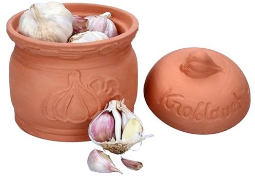 MamboCat Terra Pot à ail en terre cuite - Diamètre : 12,8 cm - Pot en argile avec couvercle pour votre cuisine - Boîte de rangement élégante avec relief et inscription - Idéal pour le stockage
