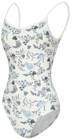 ModLatBal Damen und Grils Gymnastikanzug mit V-Ausschnitt, für Ballett, Tanz, Body mit verstellbaren Trägern, Grünes Blatt / blaue Blumen, S