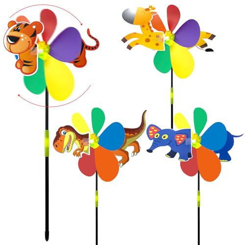 Lets Joy 4 Stück Windrad Kinder, Windrad Garten, Windmühle Tier, Buntes Windmühlen, Windräder Spielzeug, 3D Windmühle, Windspiele Windrad Cartoon, Balkon, Haus, Hof Party Dekoration