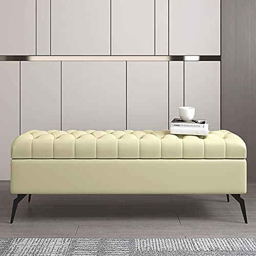 LAMEDOAT Rectangle Storage Bench,Solid Wood End of Bed Bench with Storage,Leather Upholstered Storage Bench,Modern Storage Chest Bedroom Bench-Cream Yellow 100x40x45cm(39x16x18inch)
