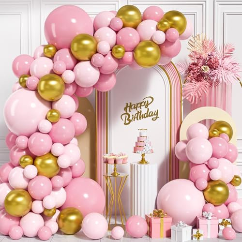 Kit Ghirlanda Arco Palloncini Rosa, 104 Pezzi Palloncini Rosa Pastello Macaron Oro Metallico per Ragazza Donna Compleanno Baby Shower Nozze Anniversario Addio Nubilato Festa Decorazione