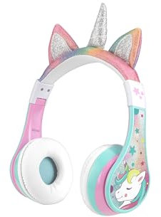eKids Unicorn Bluetooth Headphones, Wireless Headphones with Microphone includes Aux Cord, Volume Reduced Kids Foldable Headphones for School, Home, or Travel
