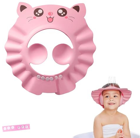 DHWEKU Gorro de Ducha de Bebé Para,Gorro ducha niños,Visera baño niños,Ajustable Suave con Protección para los oídos Gorro de ducha,Evita que los ojos se llenen de Agua y Champú Protege para el,Rosado